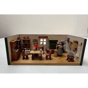 Vintage Miniature Wooden Kitchen Scene Diorama Folk Art Handmade Display READ